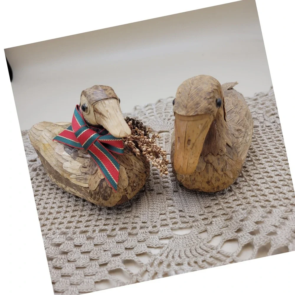 Vintage Corn Husk Cork Duck Decoys  Rustic Farmhouse Decor Handcrafted Folk Art